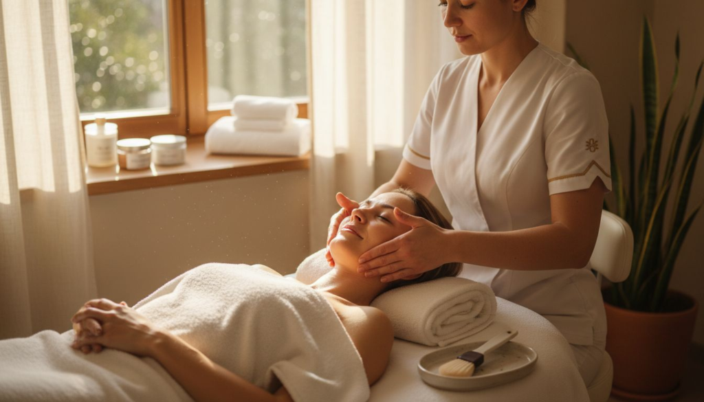 Woman receiving facial treatment in cozy spa