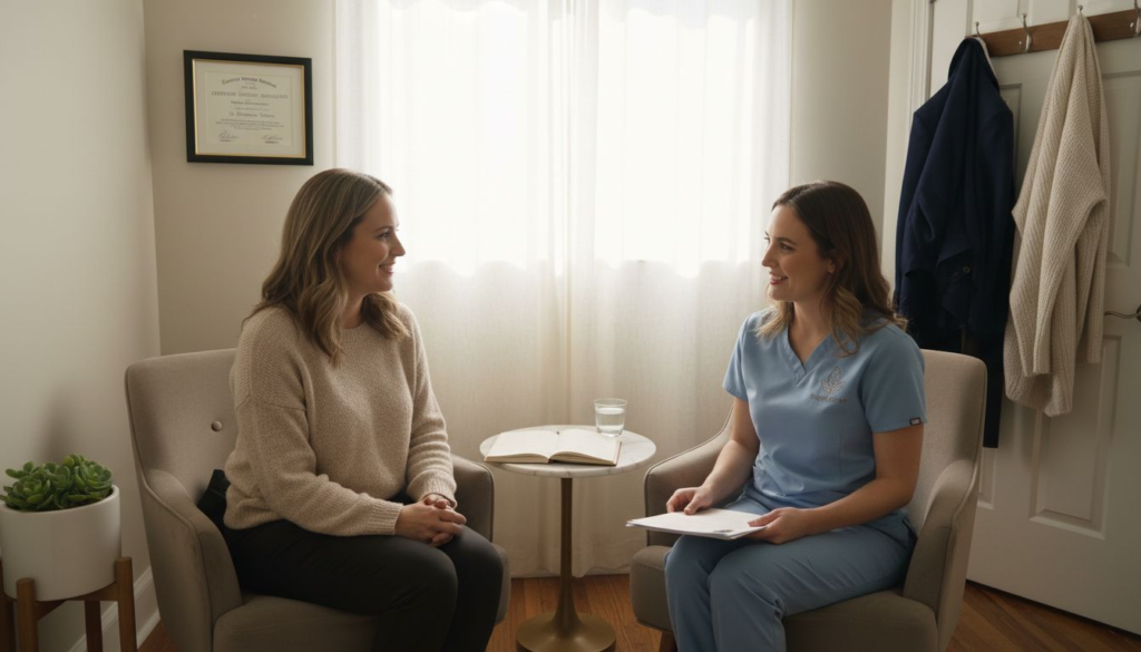 Client consulting in cozy med spa room