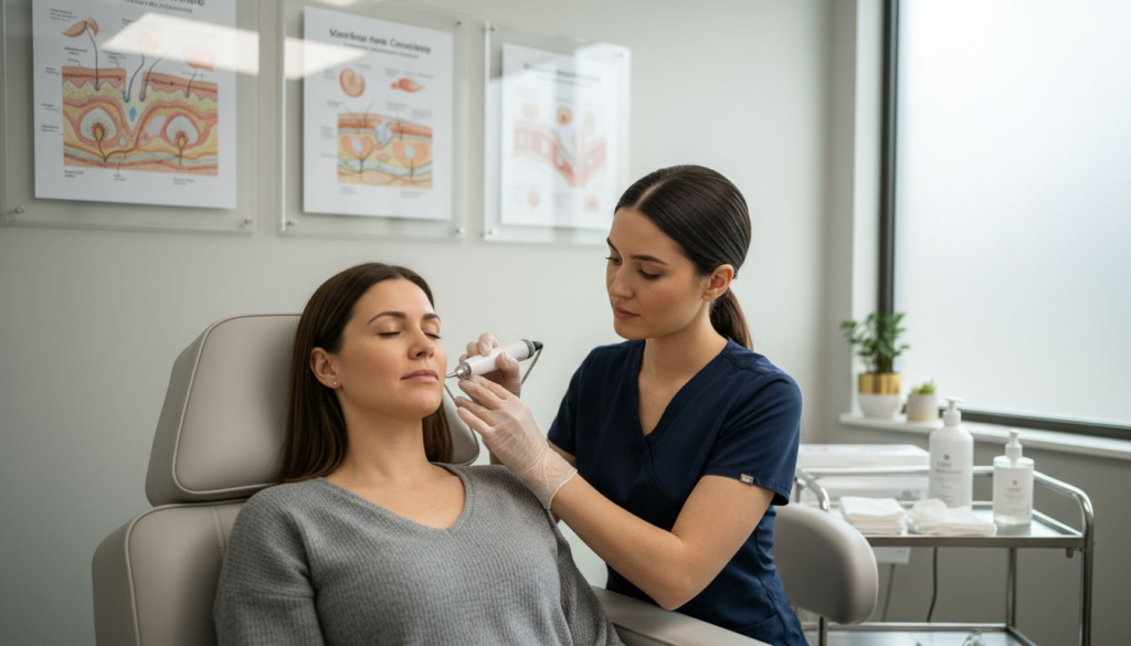 Patient receiving microneedling in clinical setting