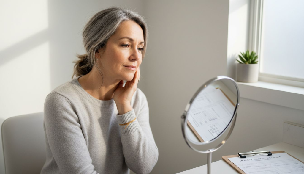 Woman assessing face in clinical setting