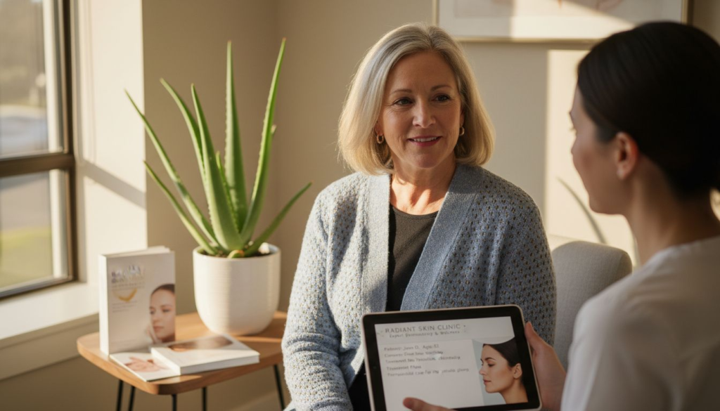 Woman receiving facial consultation in clinic