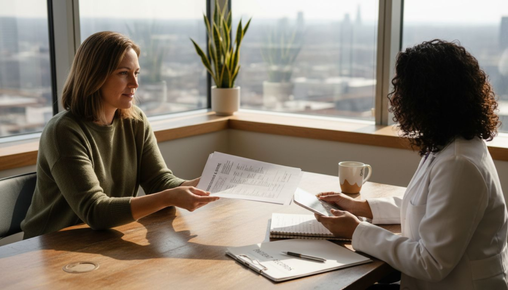 Patient meeting provider in sunlit consultation office