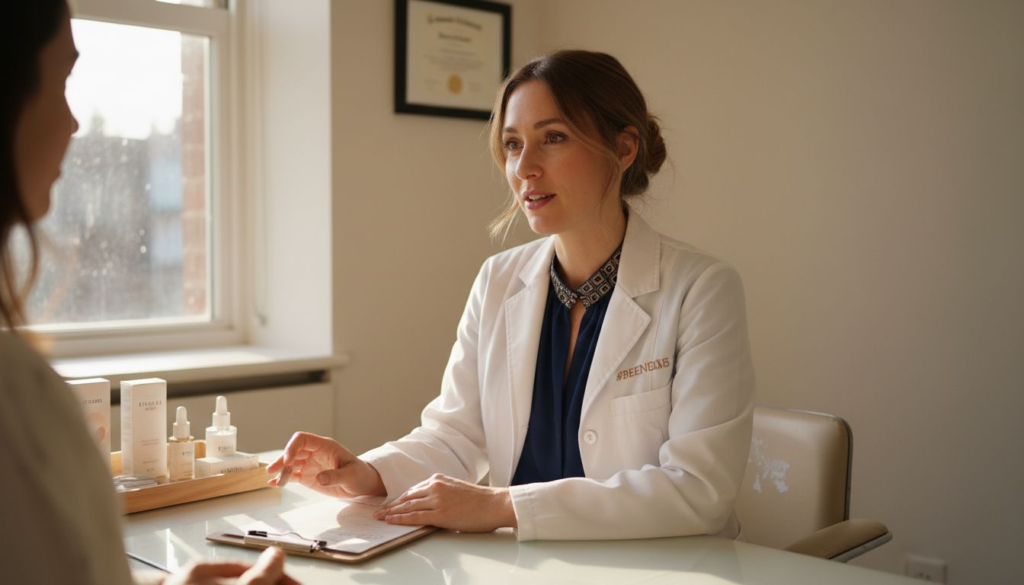 Dermatologist consulting patient in clinic