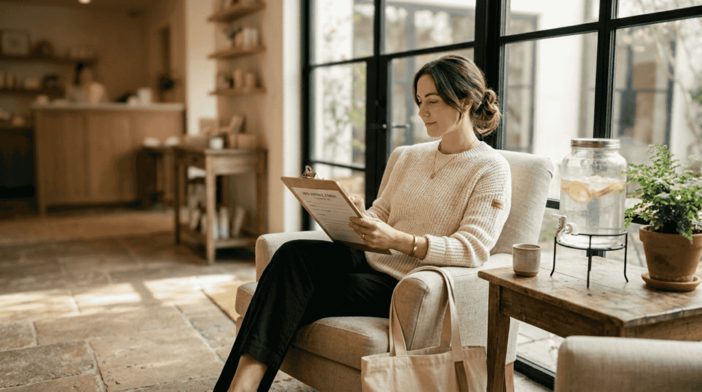 Spa guest checks in, relaxing in lobby
