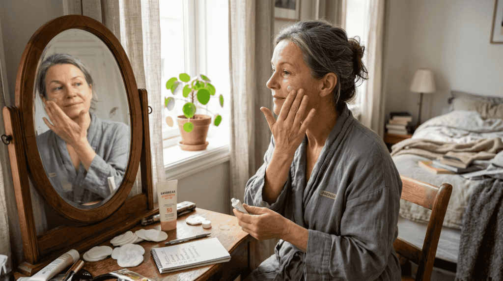 Woman applying moisturizer in bright bedroom
