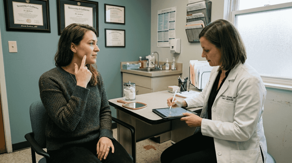 Patient and clinician discussing aesthetic treatment