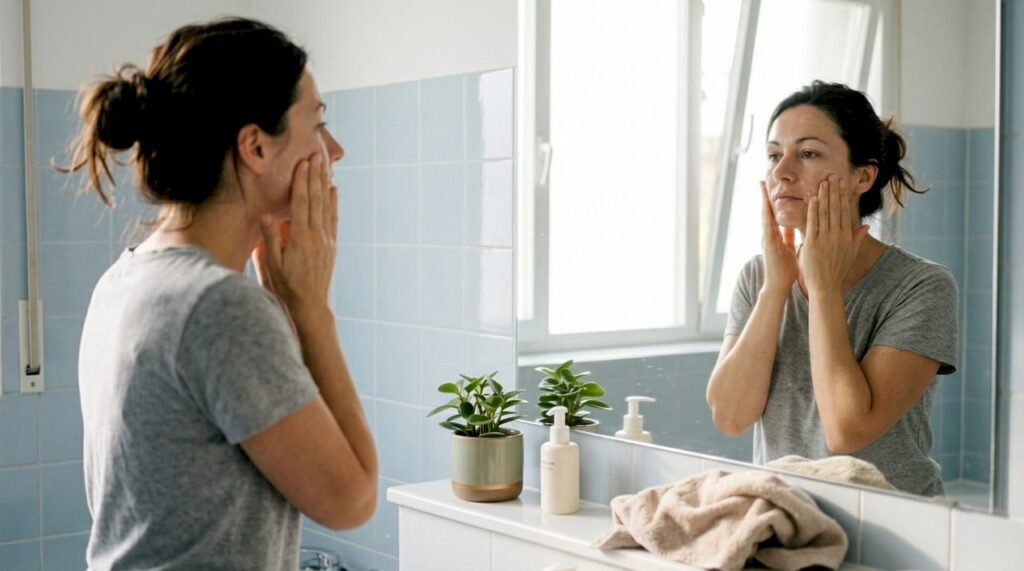 Woman doing morning facial skincare routine