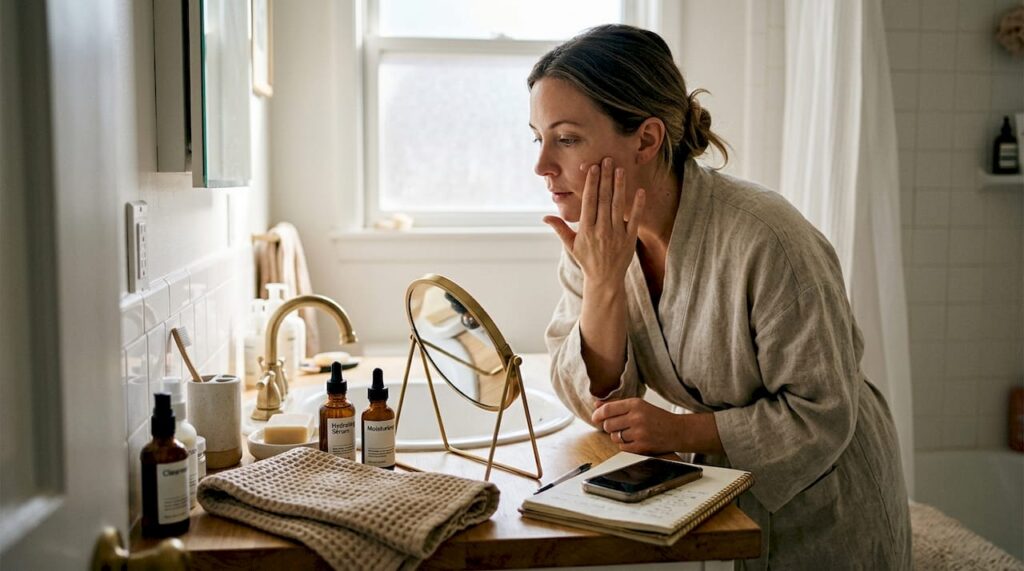 Woman applying custom skincare in home bathroom