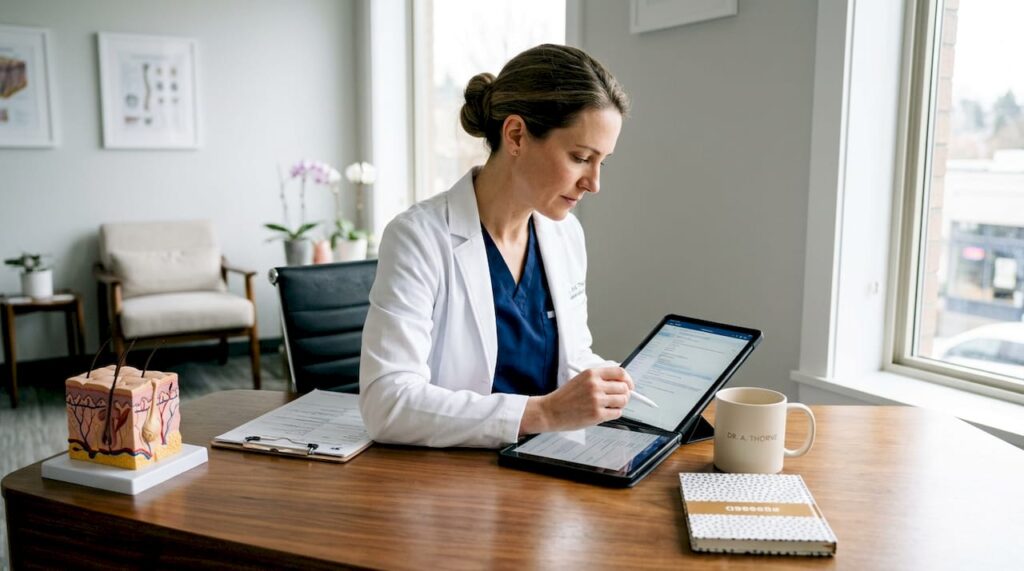 Dermatologist reviews patient chart in office