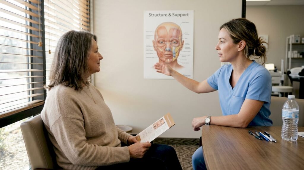 Esthetician explaining facial support to client