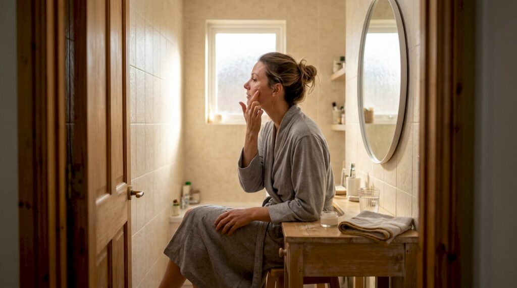Woman applying serum in morning bathroom routine