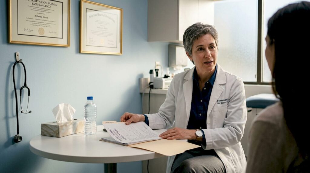 Dermatologist reviewing medical chart with patient