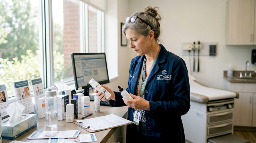 Dermatologist examining medical skincare bottles