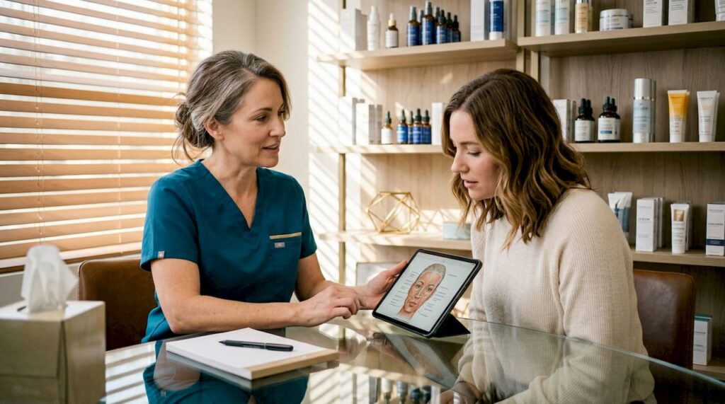 Aesthetician and client during facial consultation