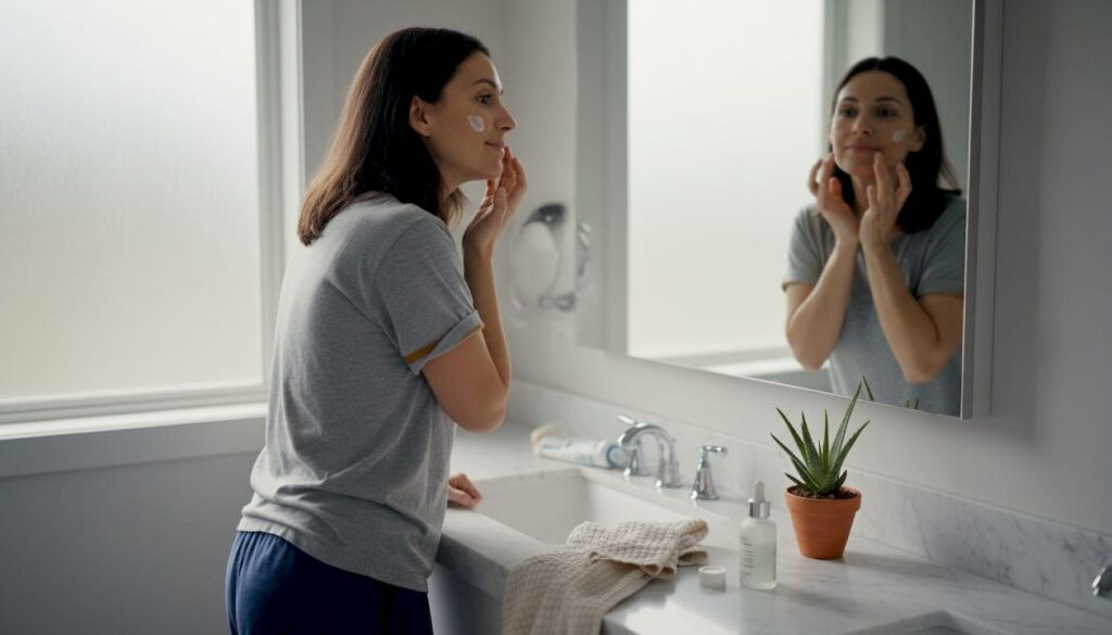 Woman applying moisturizer at bathroom counter