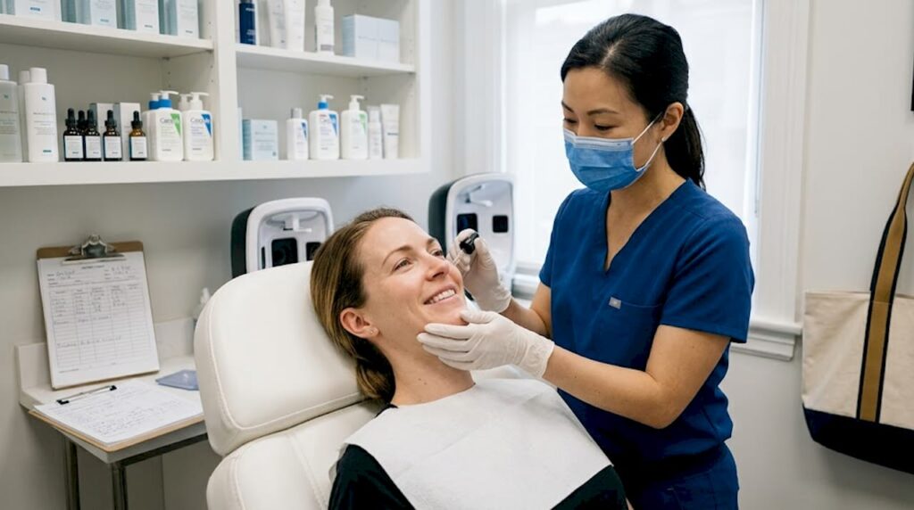 Dermatologist performing medical facial in clinic