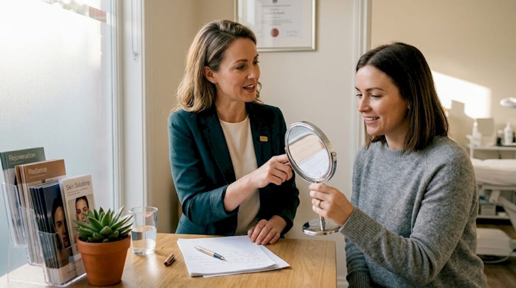 Aesthetic practitioner consulting client with hand mirror