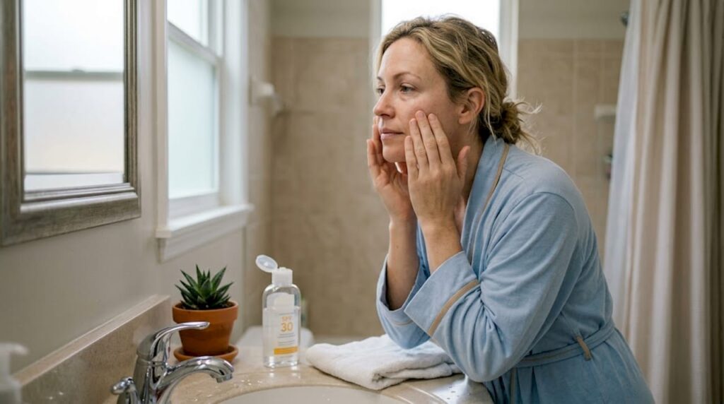 Woman applies moisturizer in home bathroom