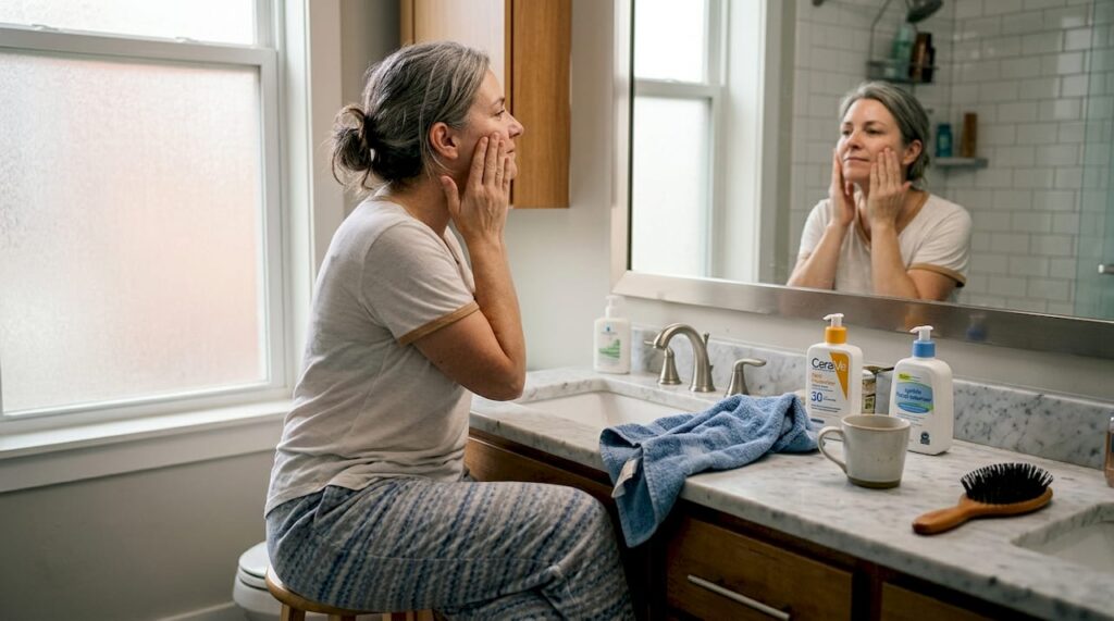 Woman applying moisturizer in sunlit bathroom