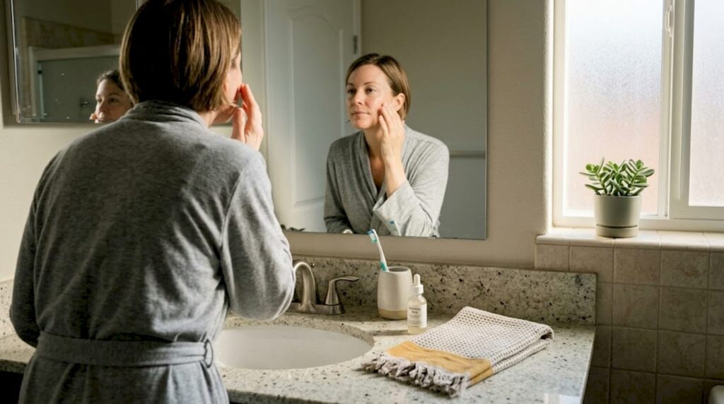 Woman applying skincare serum in morning bathroom