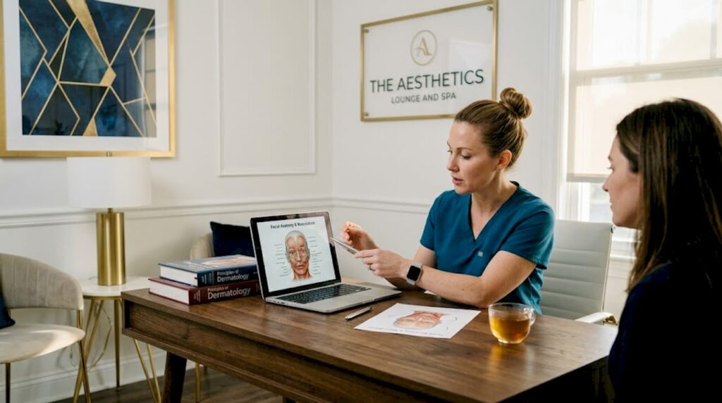 Clinician discussing facial anatomy diagrams