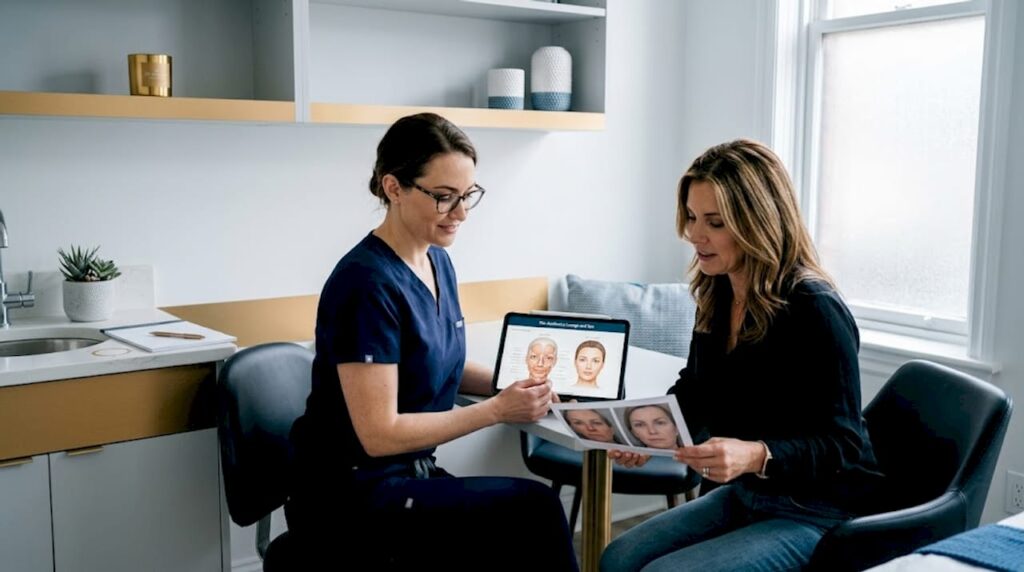 Injector and client consult in small clinic room