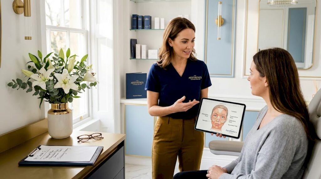 Practitioner discusses facial anatomy with patient