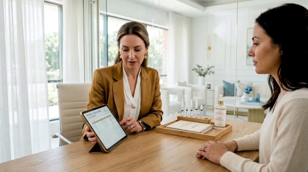 Clinician consulting patient in bright medical office