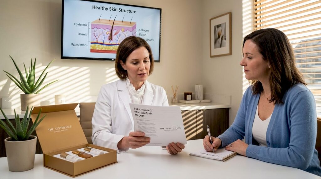 Dermatologist consults with client using skin report