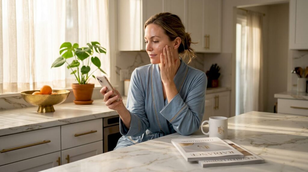 Woman applying skincare in bright kitchen